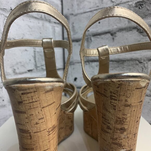 Brash Y2K Strappy Metallic Gold Cork Platform Wedge Open Toe Sandals - Picture 11 of 11